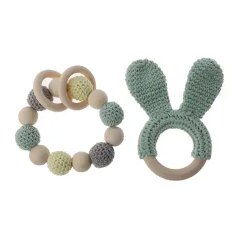 

2Pcs Natural Wooden Crochet Baby Teether Teething Bracelet Ring Rattle Toy Gift