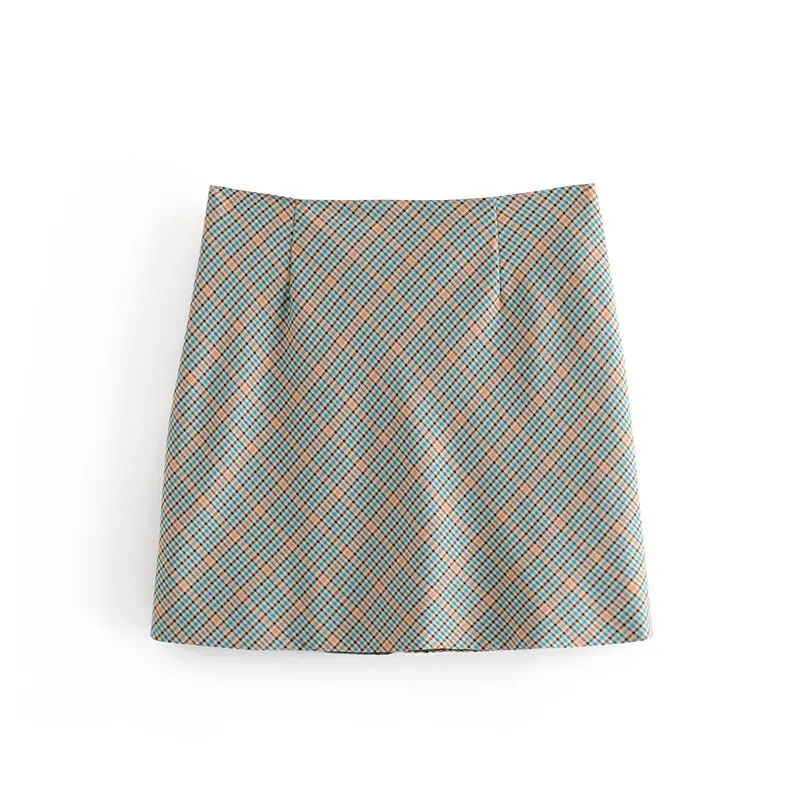 Women Sexy A-Line Mini Skirt Spring Autumn Vintage Button Plaid Spliced Office Ladies Elegant Work Skirts Saia Jupe Femme
