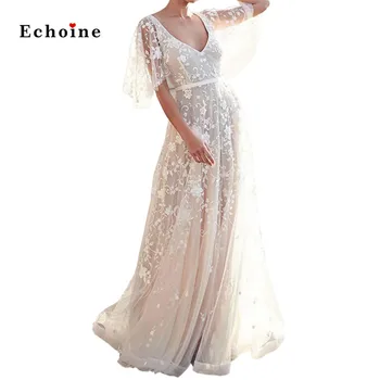 

Women Boho V Neck Lantern Ruffle Sleeve Lace Dress Wedding Embroidery Backless Maxi Floor-Length Party Evening Elegant Vestidos