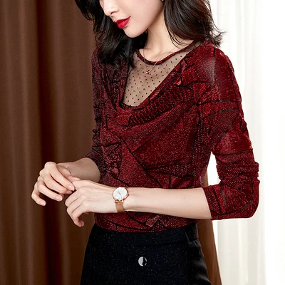 

2020 Autumn Women Lace Blouse Ladies Plus Size Tops For Women Blusa Feminina Wine Red Gold 3xl Mesh Hollow Out Clothing
