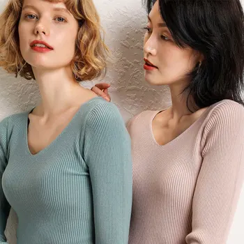 

V-neck Simple Cashmere Sweater Long Sleeve Sweaters Female Slim Knit Sweater Thin Section Bottoming Shirt Wild Sweater Women