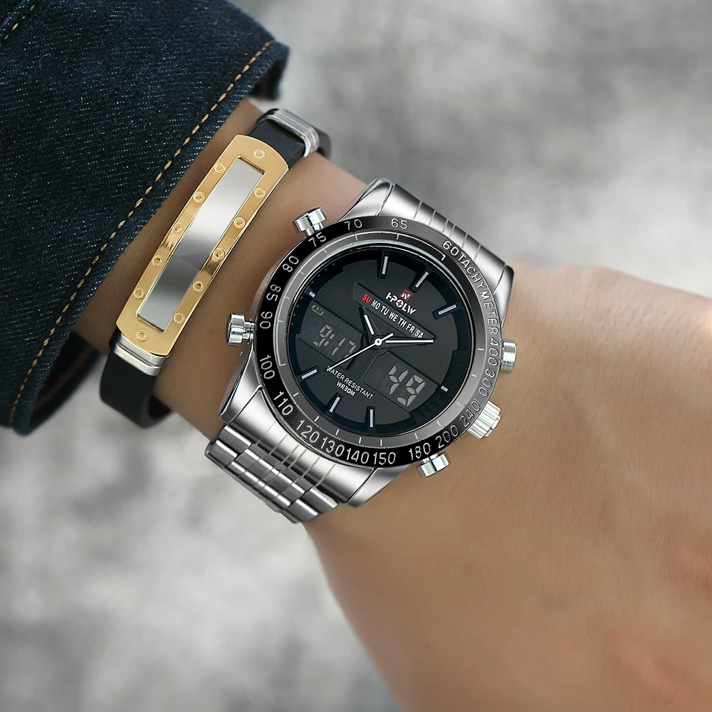 Роскошные Брендовые мужские полностью стальные Аналоговые Цифровые спортивные часы армейские военные кварцевые часы светящиеся часы Relogio Masculino
