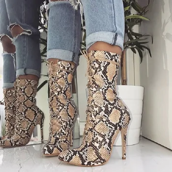 2020 caliente tacón alto Botas con cordones párr mujer botines con estampado de serpiente zapatos sexis con punta en pico para mujer