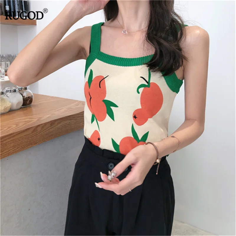 

RUGOD Korean Style Women T-shirts Sapghetti Strap Fruit Pattern Vest Sweet Gril 2019 Summer Slim Lady рубашка женская