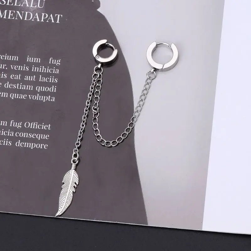 Korean Idols Earrings Double Long Chain Leaf Earring Titanium Feather Pendant Earrings Jewelry Decor Gift for Women Girl drop earrings,dangle earrings,long earrings,pendant earrings