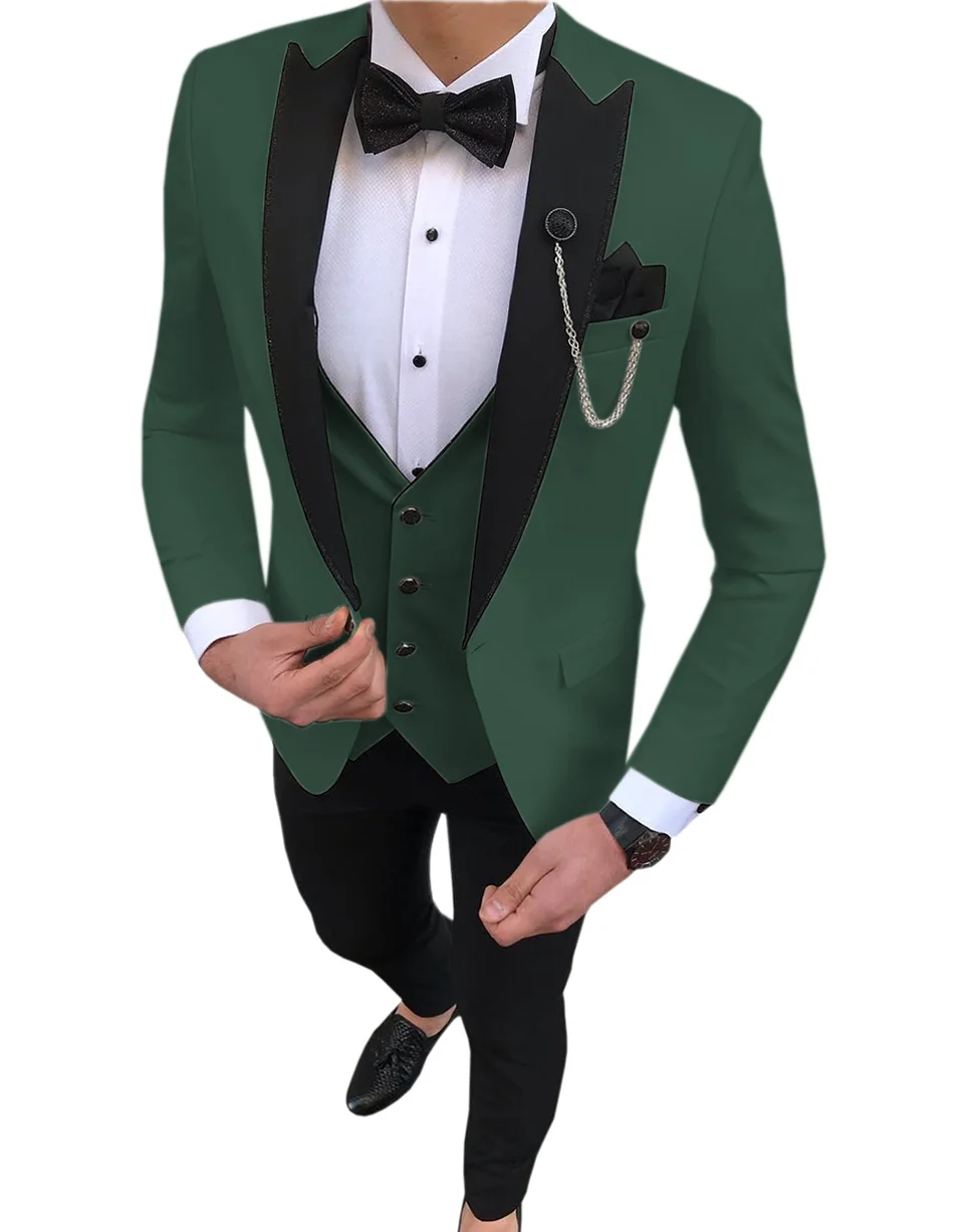Hunt green Мужские костюмы из 3 предметов, облегающий повседневный мужской костюм с отворотом белого цвета слоновой кости, деловой смокинг для торжественных свадеб(Блейзер+ брюки+ жилет - Цвет: Hunt green