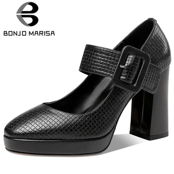 

BONJOMARISA Ladies Office Fashion Genuine Leather Elegant Fretwork Mary Janes Pumps Women High Heels Ol Shoes Woman