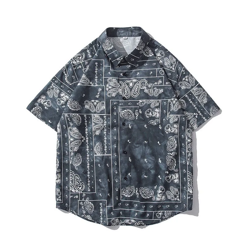Men Shirt Short Sleeve 2021 New Arrival Summer Loose Male Shirt Thin Geometric Patterns Flowers Korean Style Red Blue Black S41