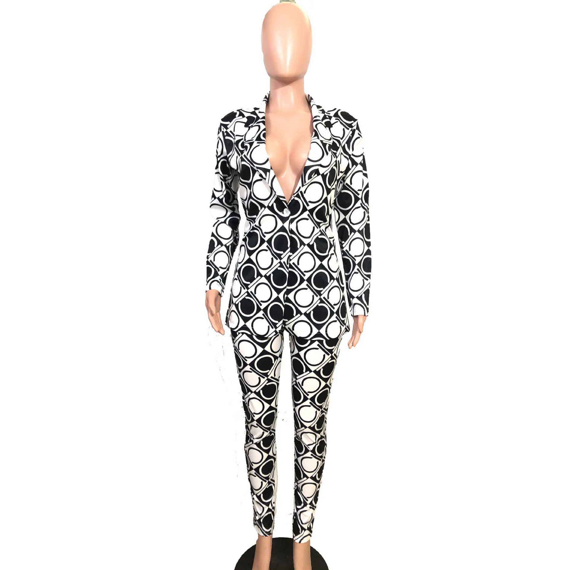 Fashion Summer Printed Trousers + Coat Two-piece Set Of 2021 New European And American Slim Sexy Deep V Suit Suit S-2XL