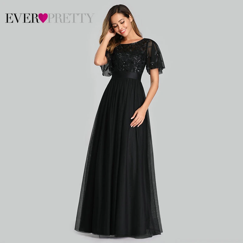 Robe De Soiree блестящие вечерние платья Длинные Ever Pretty EP00904GY A-Line o-образным вырезом с коротким рукавом Вечерние платья женские элегантные платья - Цвет: Black