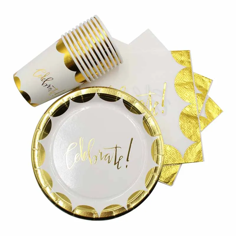 10 Шт. / Лот Праздновать Свадьбу День Рождения Одноразовая Посуда Золото 7-дюймовые Бумажные Тарелки Чашки Соломинки для Взрослых Детский Душ Фестивали Свадьба День Рождения Поставки Посуда Набор