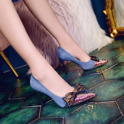 Fairy shoes single shoes tide spring and autumn bow high heels were thin sexy net red shallow mouth