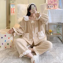 Coral Velvet Pajamas Women's Spring And Autumn 2021 New Warm Suit Sweet And Lovely Thin Net Color Autumn And Winter Home Clothes
