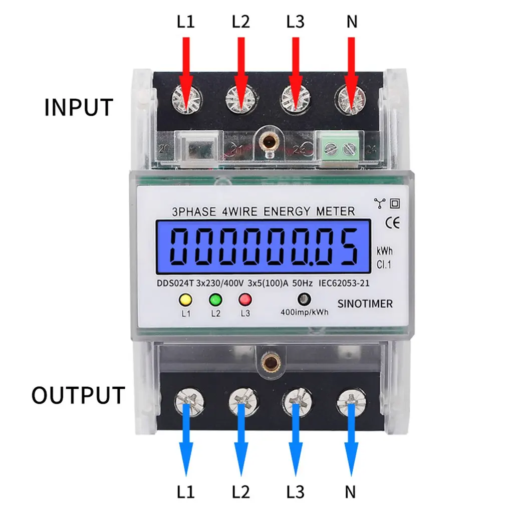 SINOTIMER Din Rail 380V 3 Phase 4P 4 Wire Electronic Watt Power Energy Meter LCD Backlight Display with Transparent Cover