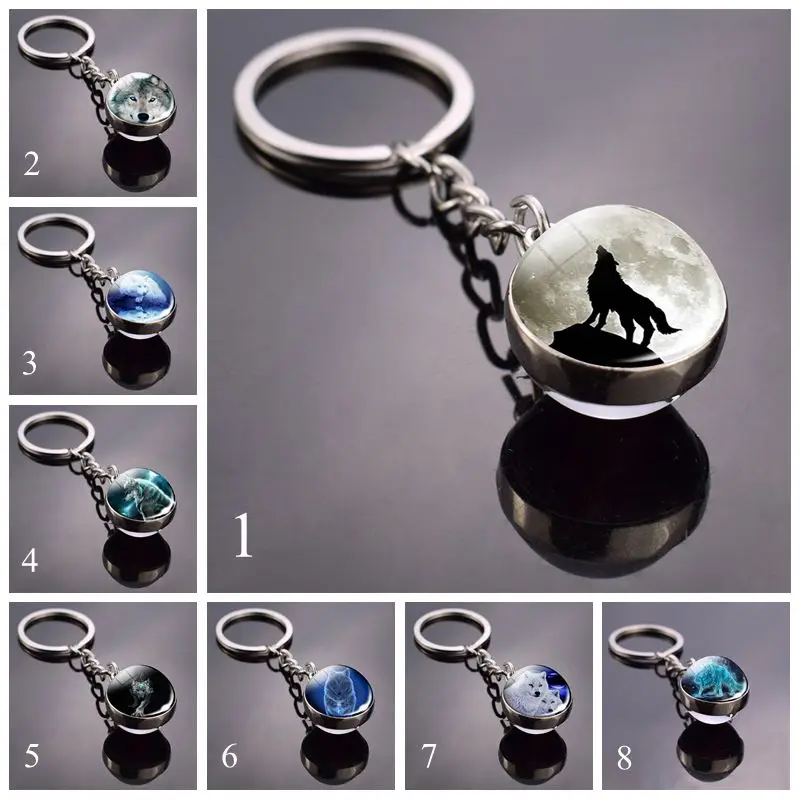 

Wolf Keychain Howling Wolf Picture Glass Ball Keychain Wolf Head Double Side Glass Cabochon Pendant Keyring Wolf Jewelry