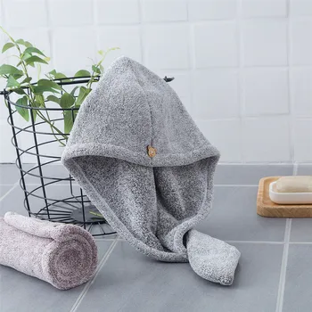 

Bamboo Fiber Hair Towel Quick Dry Bath Shower Loop Button Head Turban Hat Cap