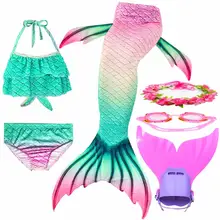 Детский купальный костюм с хвостом русалки для девочек; платье для плавания; Костюм Русалки; купальник с монофином; очки; гирлянда