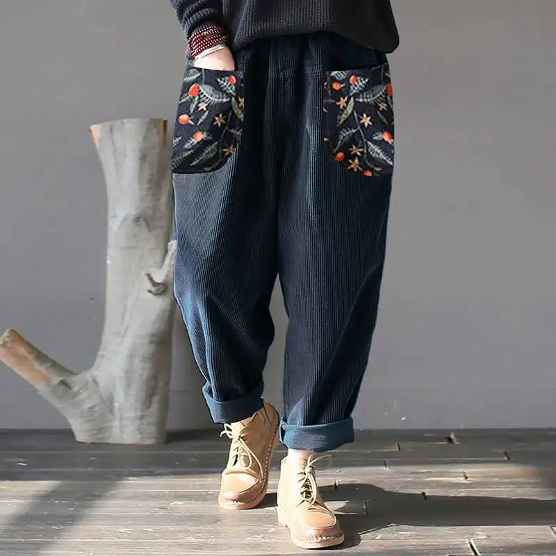 

Women's Corduroy Pants Printed Stiching Trousers Vintage Female Elastic Waist Long Pantalon Female Palazzo Oversized Turnip 5XL