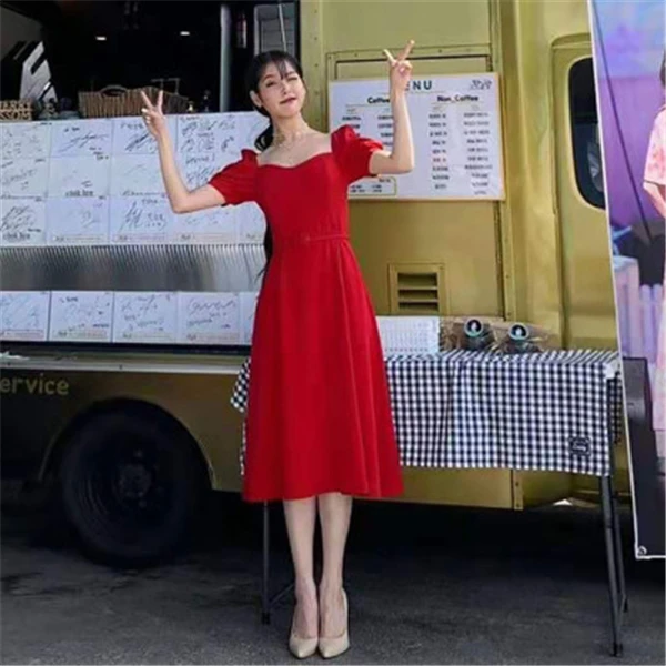 Красное платье с поясом для женщин DEL LUNA отель же IU Ли Цзи Ын Лето беременных Материнство темперамент женщина ТВ корейский то же платье
