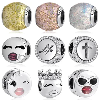 

Authentic S925 Bead Playful Wink Glitter Chai Faith Cross Crown Charm Fit Lady Bracelets DIY Jewelry