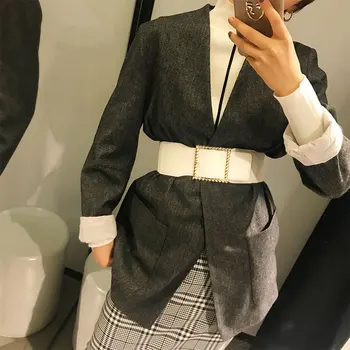

Women coat belt stretch belts new 2019 female square buckle PU + knit white black waistband wide belt