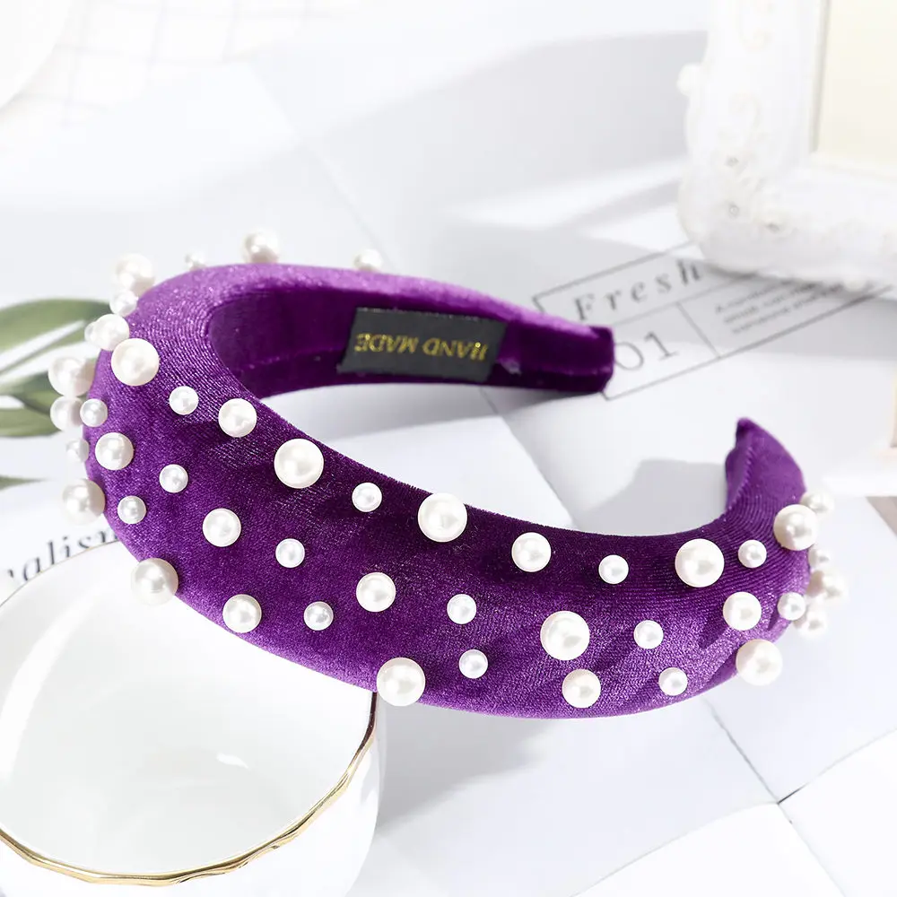 E PURPLE AWAYTR, модная богемная бархатная Женская головная повязка, Женские аксессуары для волос, модный головной убор, жемчужная свадебная тиара, повязка на голову - Цвет: E PURPLE