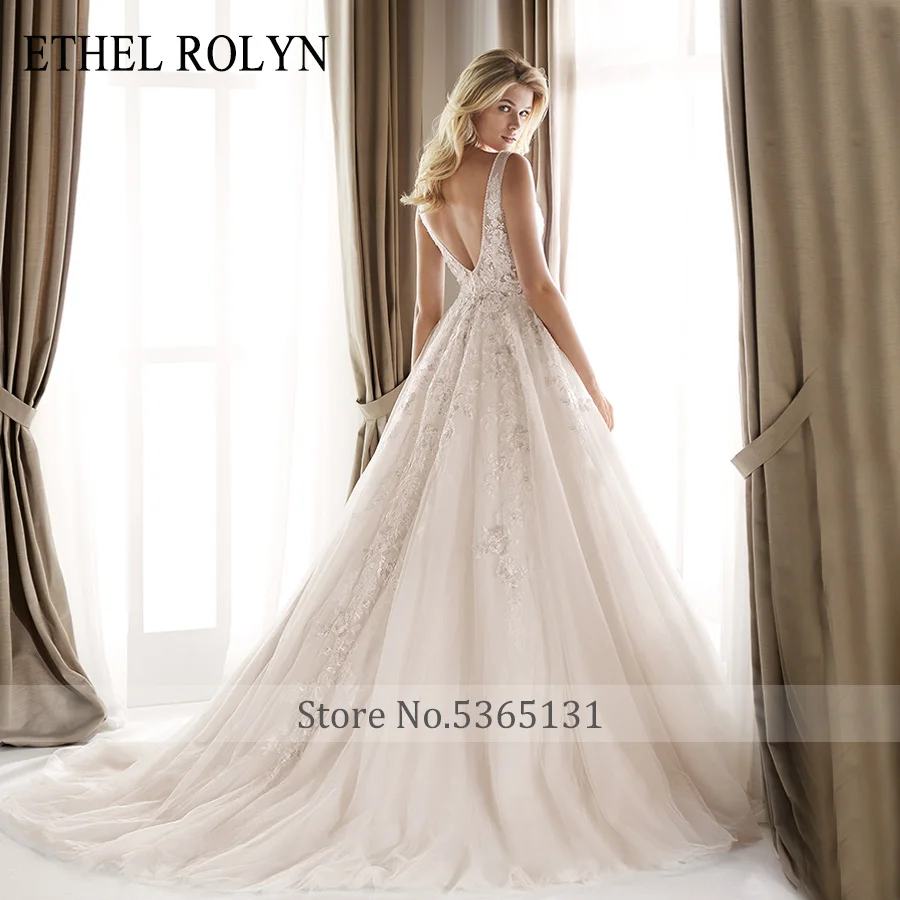 ETHEL ROLYN Sexy V-neck Backles Tulle Wedding Dress Romantic Beaded Appliques A-Line Vintage Wedding Gowns Vestido De Noiva