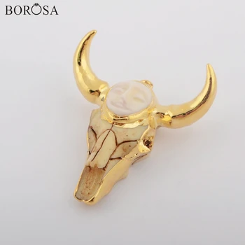 

BOROSA 5/10Pcs New Gild Cattle Longhorn Shape Resin Charm Longhorn Paved Face Charm Bull Horn Pendant Beads for Necklace G1877