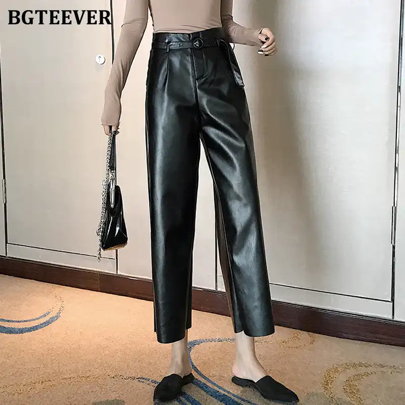 high waisted belted leather pants