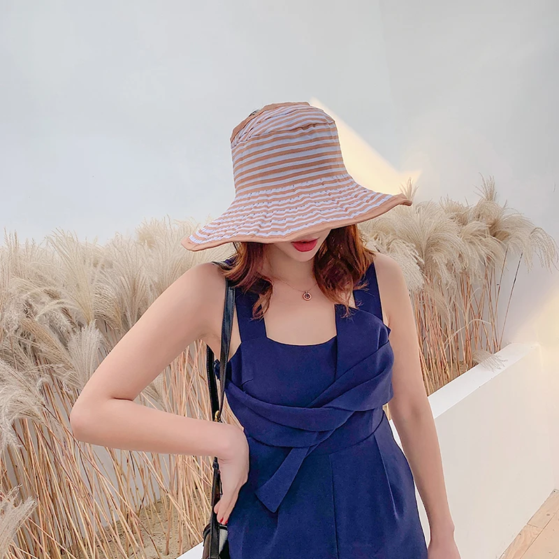 Полосатая Женская хлопковая кепка, рыбацкие шляпы для девочек с широкими полями, модный туристический козырек, складная Кепка для защиты от солнца