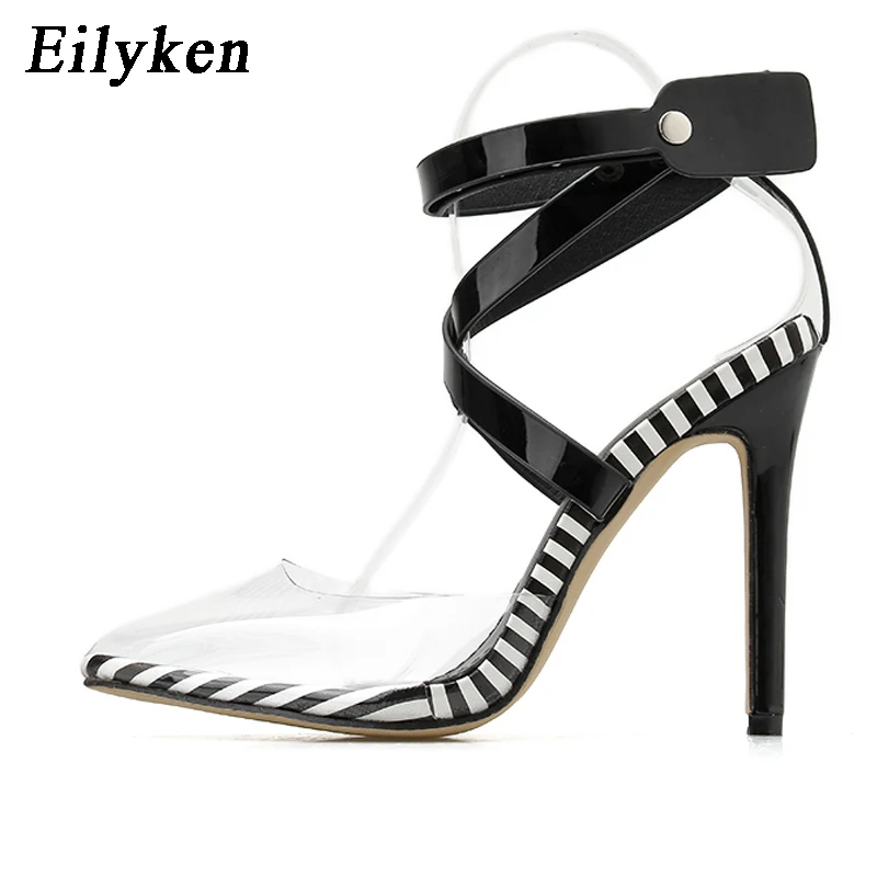 EilyKen/модные летние прозрачные женские туфли-лодочки из ПВХ с острым носком; женские туфли на высоком каблуке с заклепками и ремешком на щиколотке; пикантные туфли-лодочки; сандалии - Цвет: Black