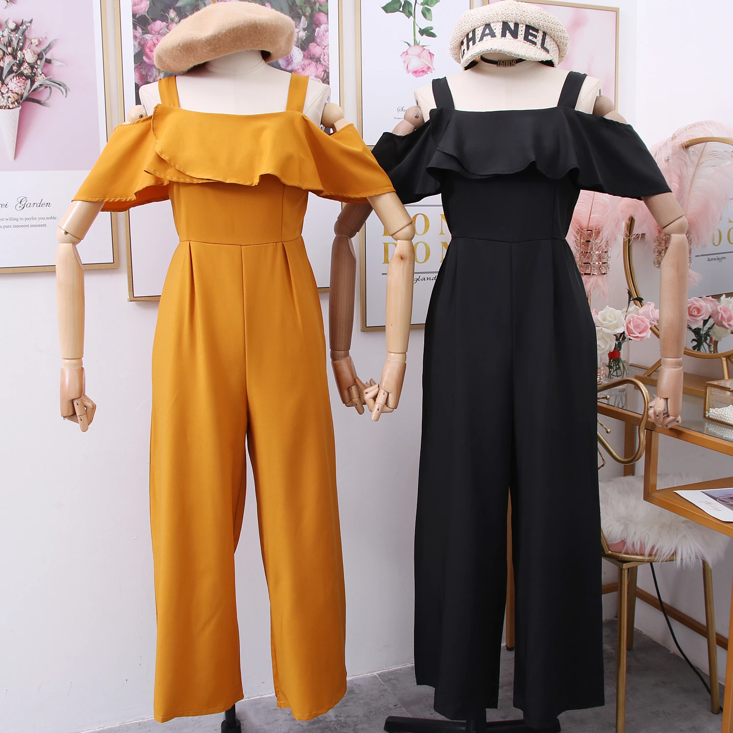 

2020 New Fashion Off-the-shoulder Ruffled Sling High Waist Thin Bodysuit Wide Leg Pants