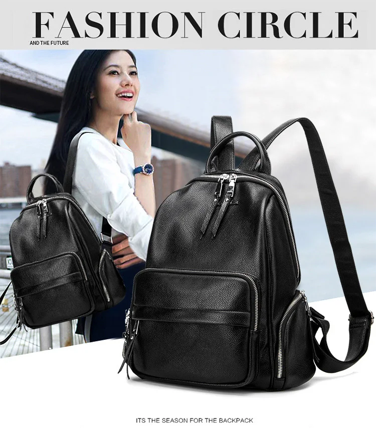 Double zipper Women Backpack Retro Black Ladies Large Soft Real Leather Backpacks Purse 15 inch Casual Girls School knapsack Bag (2)