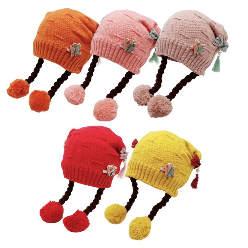Winter Warm Toddler Baby Girl Earflap Hat Kids Knit Beanie Cute Embroidery Caps With Fake Braid