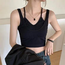 

Fack Two Pice Cropped Feminino Sleeveless Slim Thin Casual Short Tank Tops Female Solid Patchwork 2022 Summer New Camisole Women