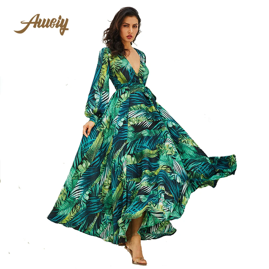

Vintacy Long Sleeve Dress Green Tropical Beach Vintage Maxi Dresses Boho Casual V Neck Belt Lace Up Tunic Draped Plus Size Dress