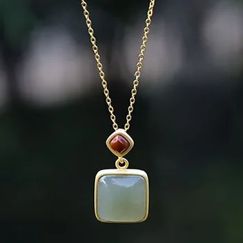 

SNew sterling silver inlaid natural Hetian green jade southern red agate pendant square jade Chinese retro ladies brand jewelry