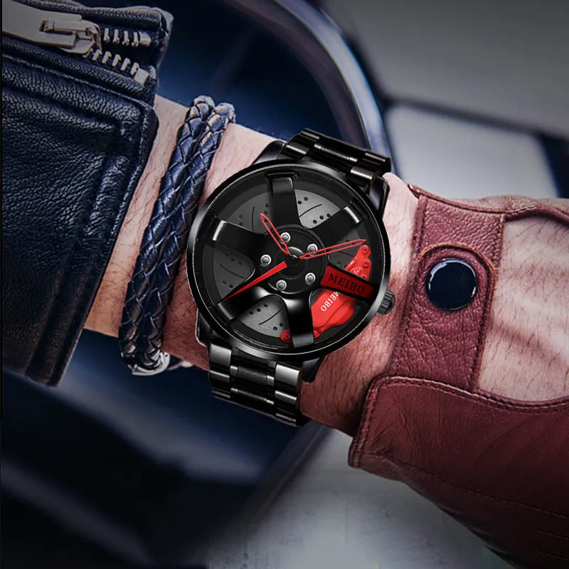 Fashion Casual Watches Men Vacuum Plating Strap with Car Wheel Rim Hub Design Sport Automatic Life Waterproof Quartz Wristwatch