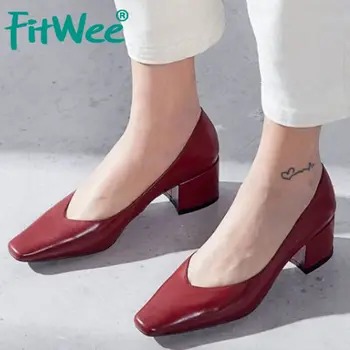 

FITWEE 2020 Real Leather Chunky Heels New Spring Pumps Office Ladies Shallow High Quality Party Wedding Pumps Size 34-39