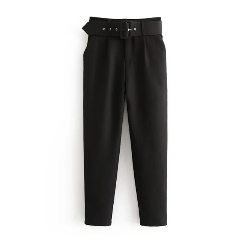 Ретро Черные одноцветные брюки-карандаш с поясом Новинка повседневные женские пояса с пряжками на талии длинные брюки женские узкие брюки