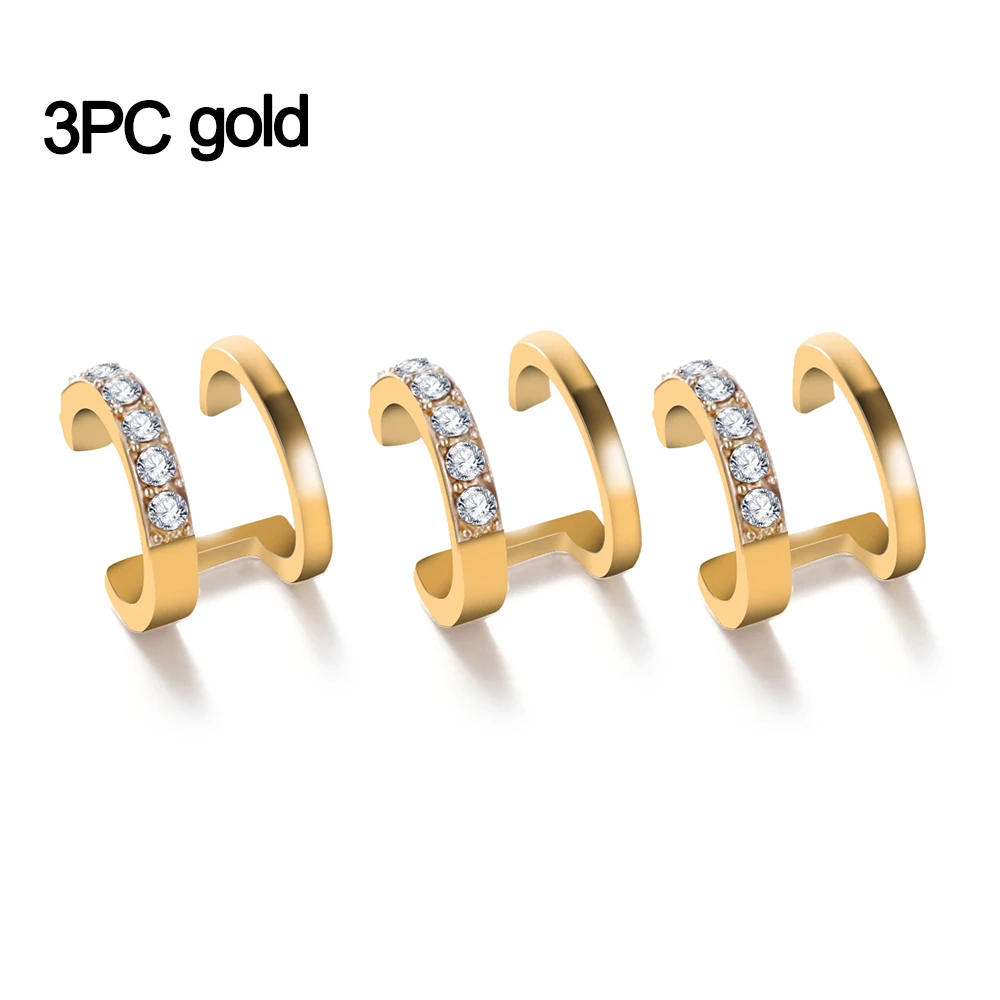 Gold 3Pcs Винтажные панковские хрустальные геометрические клипсы для ушей CZ манжеты накладные серьги не серьга-Имитация-на двойном ремешке запонки для ушей ювелирные изделия из горного хрусталя - Окраска металла: Gold 3Pcs