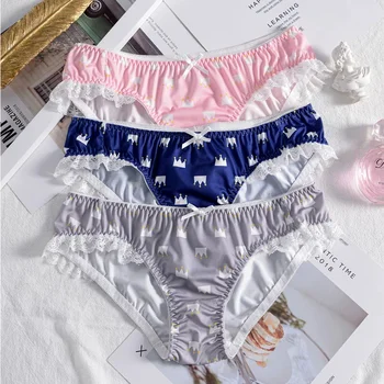 

Lolita Girl Cute Crown Printing Panties Japanese Sexy Lace Trim Low waist Underwear Female Comfortable Briefs Students 3 Colors