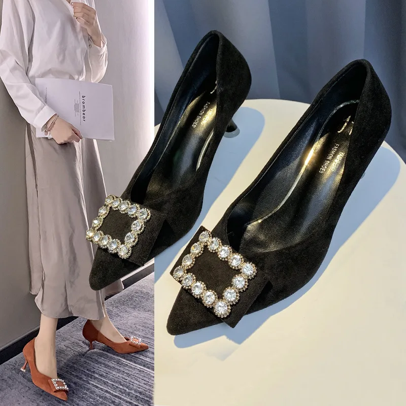 

Shoes Women's 2020 Spring New Style Square Buckle High Heel Shoes Korean-style Fashion Shallow Mouth Pointed Man-made Diamond Th