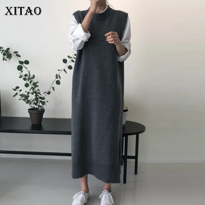XITAO, вязаное платье с разрезом, модное, новинка, зимнее, длинное, без рукавов, прямое, маленькое, свежее, миноритарное, винтажное, пуловер, платье GCC2820