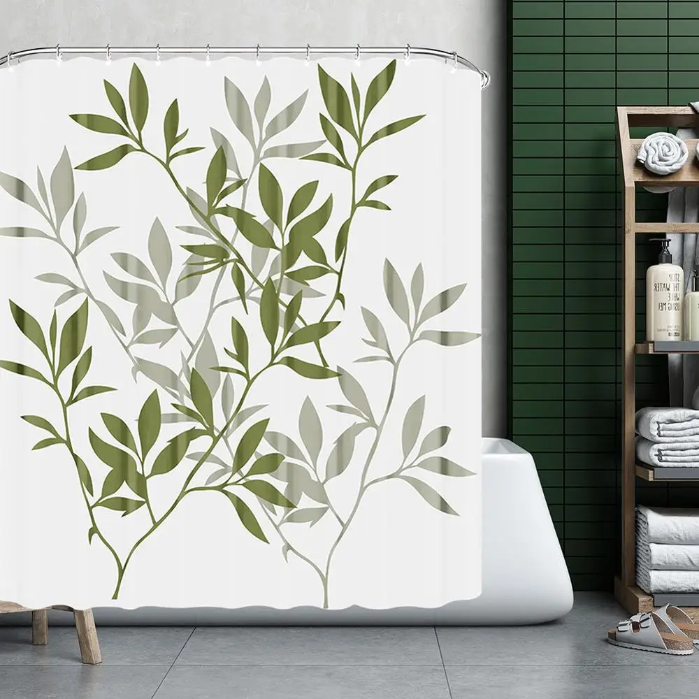 Водонепроницаемая занавеска для душа с крючками бамбуковые зеленые листья