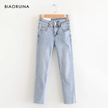 

BIAORUINA Women's Washing Bleached Skinny Straight Jeans Female Casual High Waist Jeans Ankle Length Fashion Streetwear