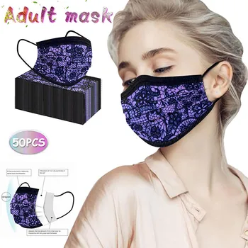 

Mascarilla 50pc Purple Women Face Mask Fashion Lace Mask Disposable 3Layer Non-woven Breathable Face Masks Mouth Caps Disposable