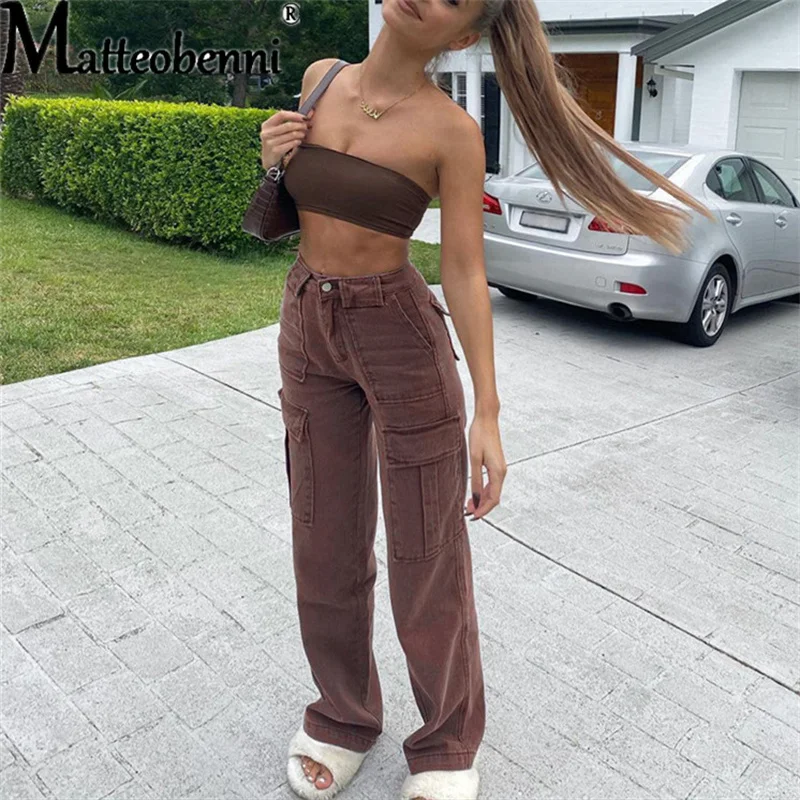 2021 New Streetwear Harajuku Cargo Pants Women Denim Trousers Pockets Wide Leg High Waist Pants Female Spring Ladies Brown Pants 2021 solid color pockets wide leg pants jumpsuits women summer new casual bow sling loose rompers one piece outfit boho female