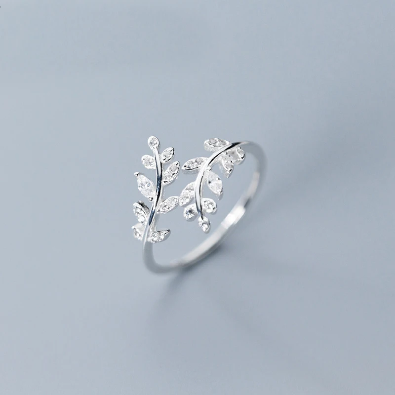 MloveAcc Branch Leaf Ring Authentic 925 Sterling Silver Free Size Adjustable Finger Rings with CZ for Women Fashion Jewelry