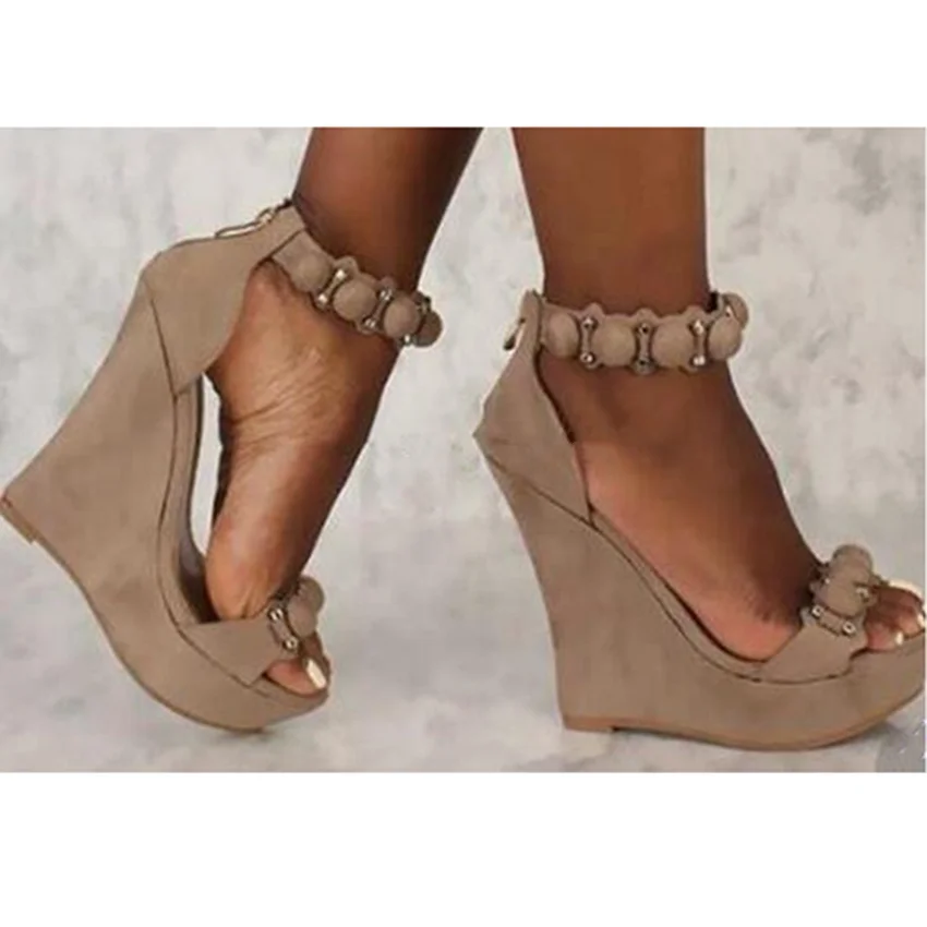 

Woman Summer Sexy Wedge Sandals Platform T-bar Pom Pom Buttons Ladies High Heels Shoes Women Fashion Open Toe Female Footwear